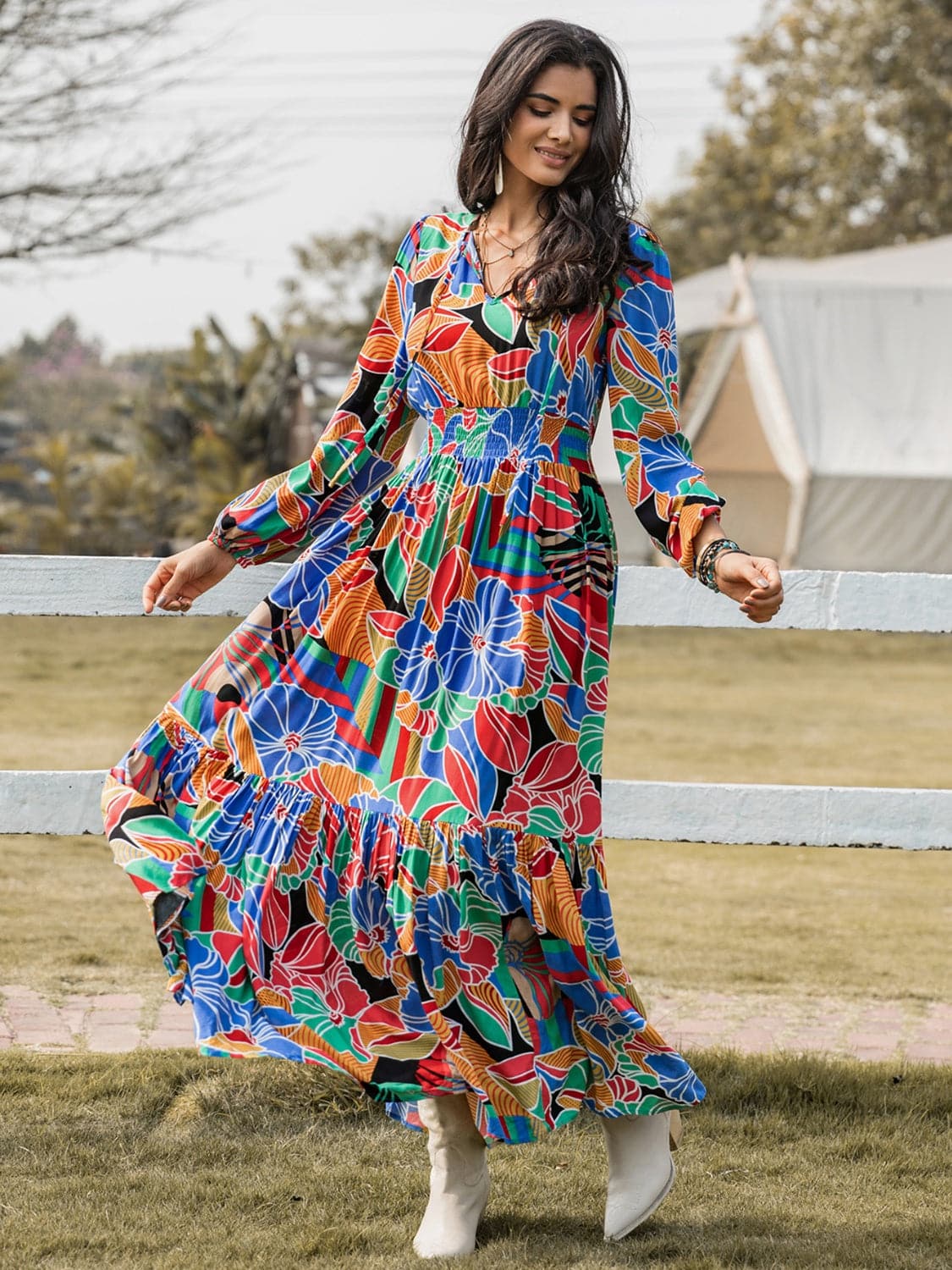 Printed Smocked Tie Neck Balloon Sleeve Maxi Dress.