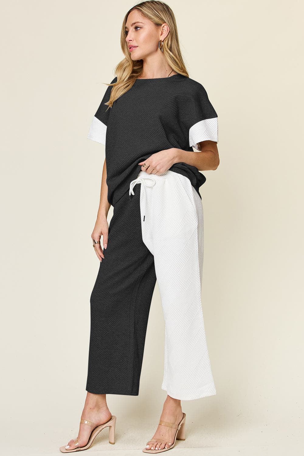 Double Take Full Size Texture Contrast T-Shirt and Wide Leg Pants Set.