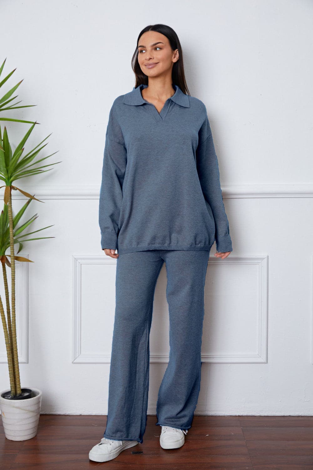 Dropped Shoulder Sweater and Long Pants Set.