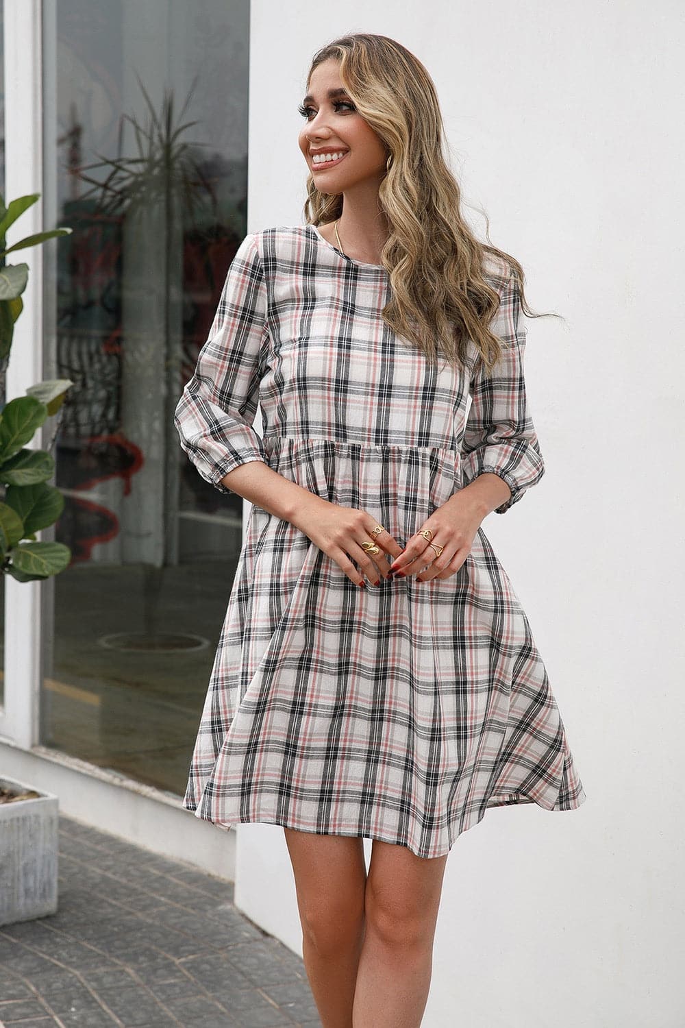 Plaid Round Neck Mini Dress.