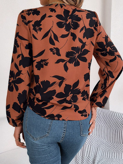 Printed V-Neck Long Sleeve Blouse.