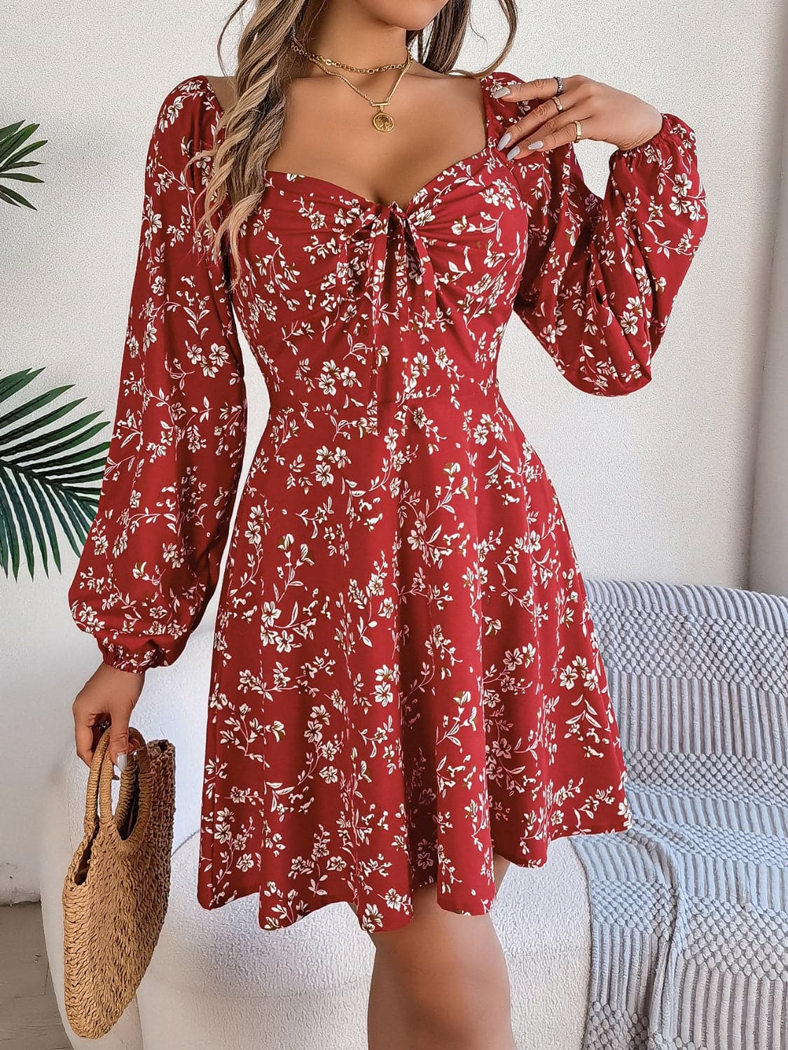 Printed Sweetheart Neck Balloon Sleeve Mini Dress.