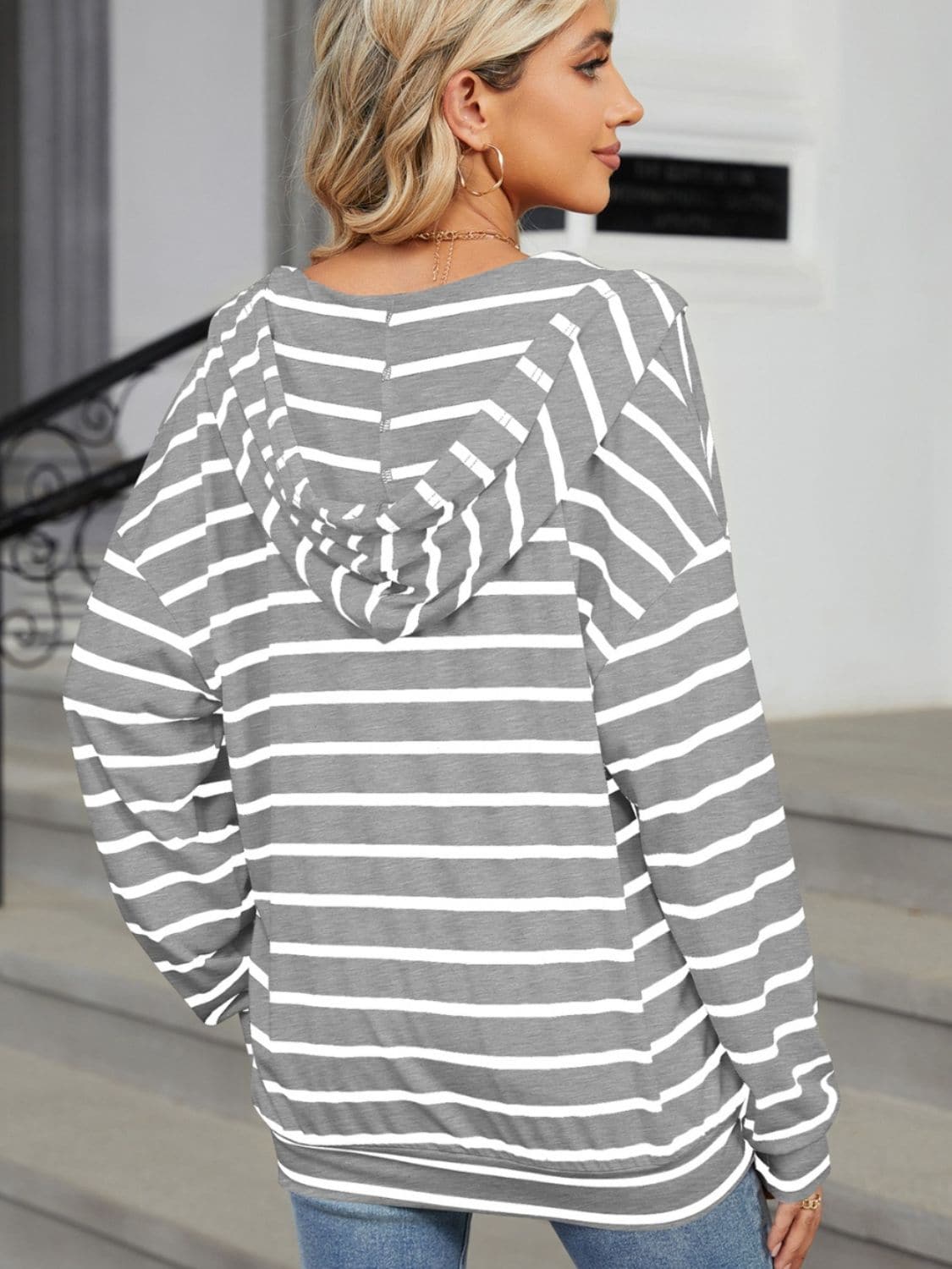 Drawstring Striped Long Sleeve Hoodie.