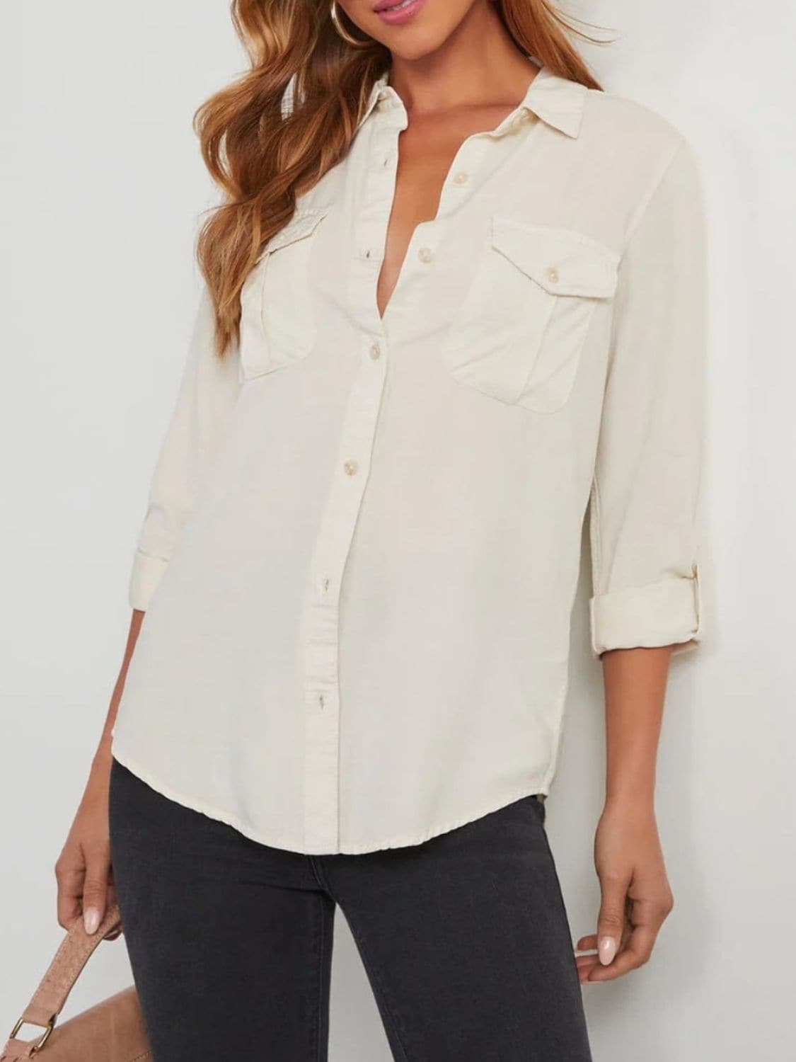 Chic collared denim top with roll-tab sleeves