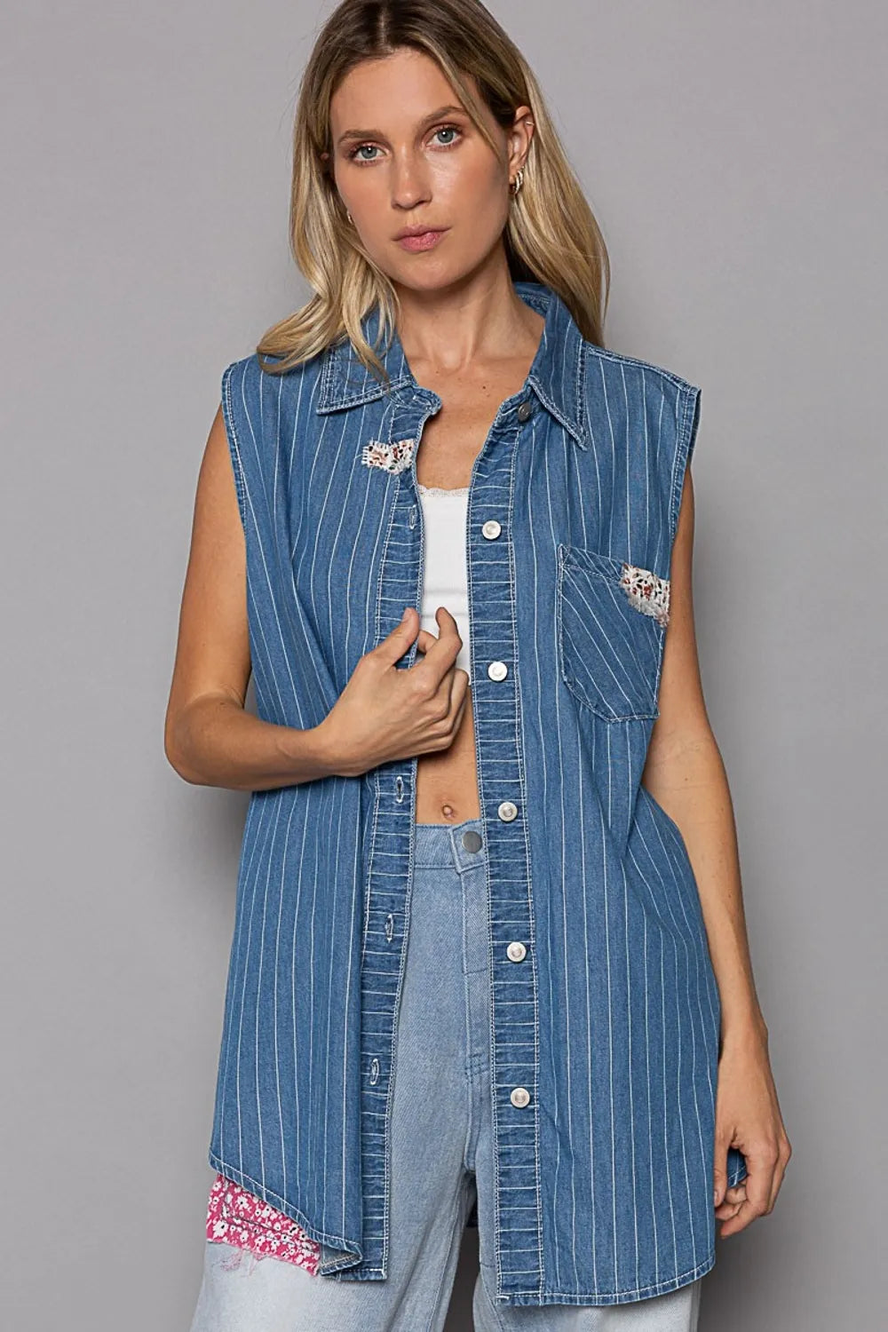 Pol Button Down Sleeveless Striped Denim Shirt - Love Salve 