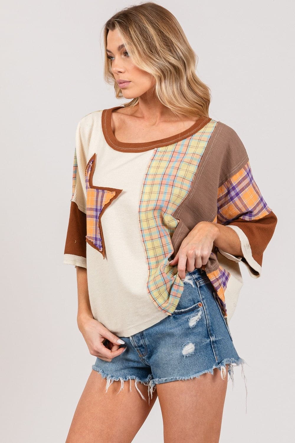 SAGE + FIG Round Neck Plaid Star Patch T-Shirt.