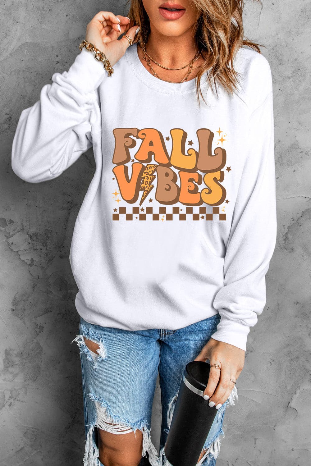 Letter Graphic Round Neck Long Sleeve Sweatshirt.