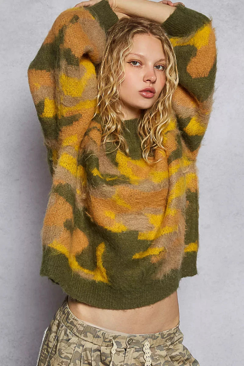 POL Mock Neck Abstract Colorblock Pattern Sweater Simply Love