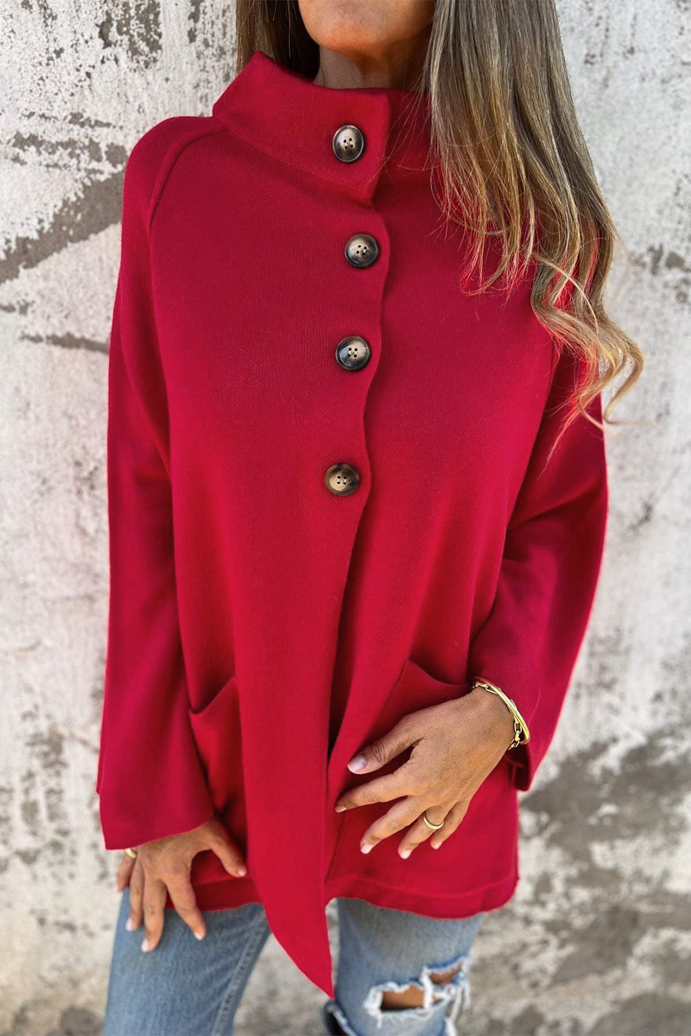 Women Fiery Red Collared Button Front Wrapped Cardigan Jacket Knit Coat For Casual Layering Outdoor Wear Dear-Lover Dropshipping