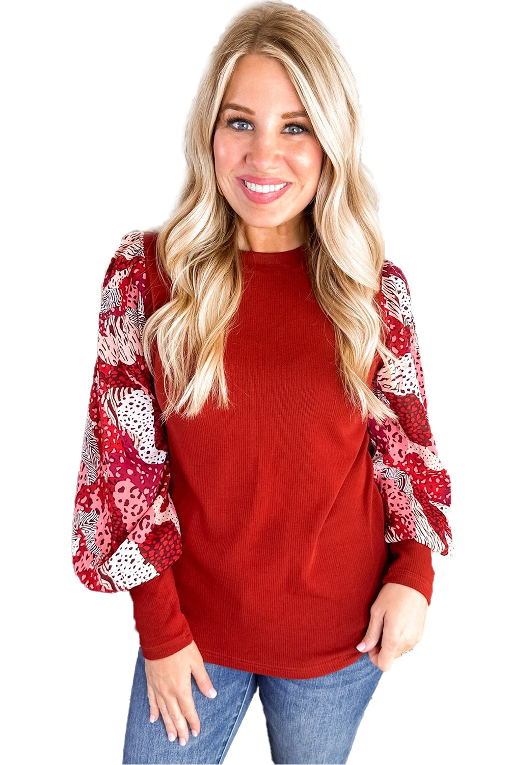 Vibrant red mixed animal print lantern sleeve patchwork blouse