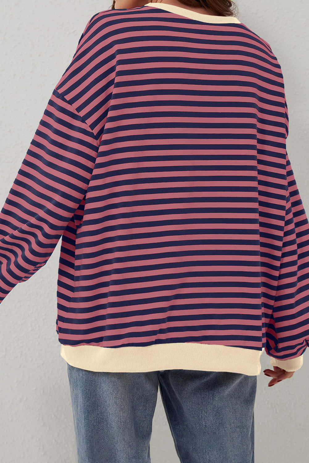 Cozy red striped oversized pullover with contrast trim