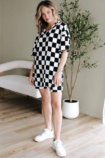 Black Checkerboard Print V Neck Loose Tee and Shorts Set