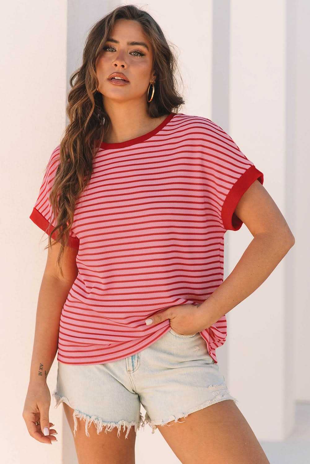 Striped Pink Knit Round Neck T-Shirt for Casual Wear