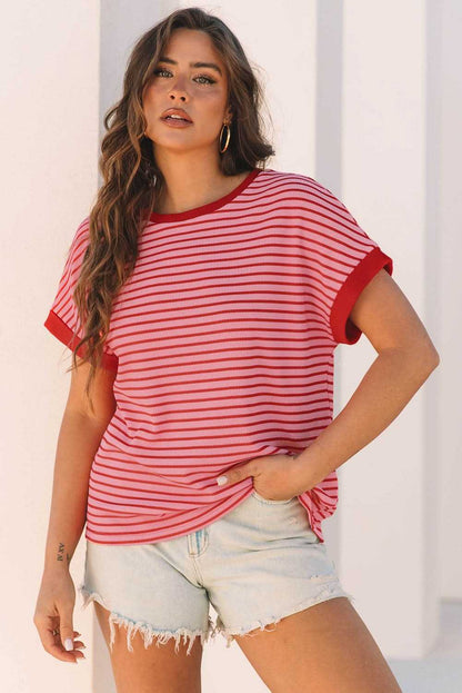 Striped Pink Knit Round Neck T-Shirt for Casual Wear