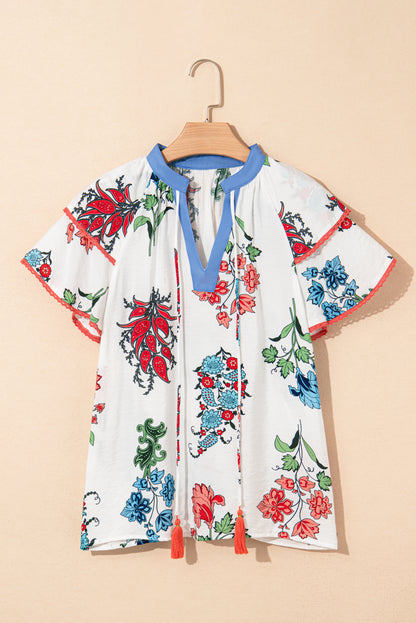 White Floral Print Contrast V Neck Tassel Tie Lace Detail Blouse