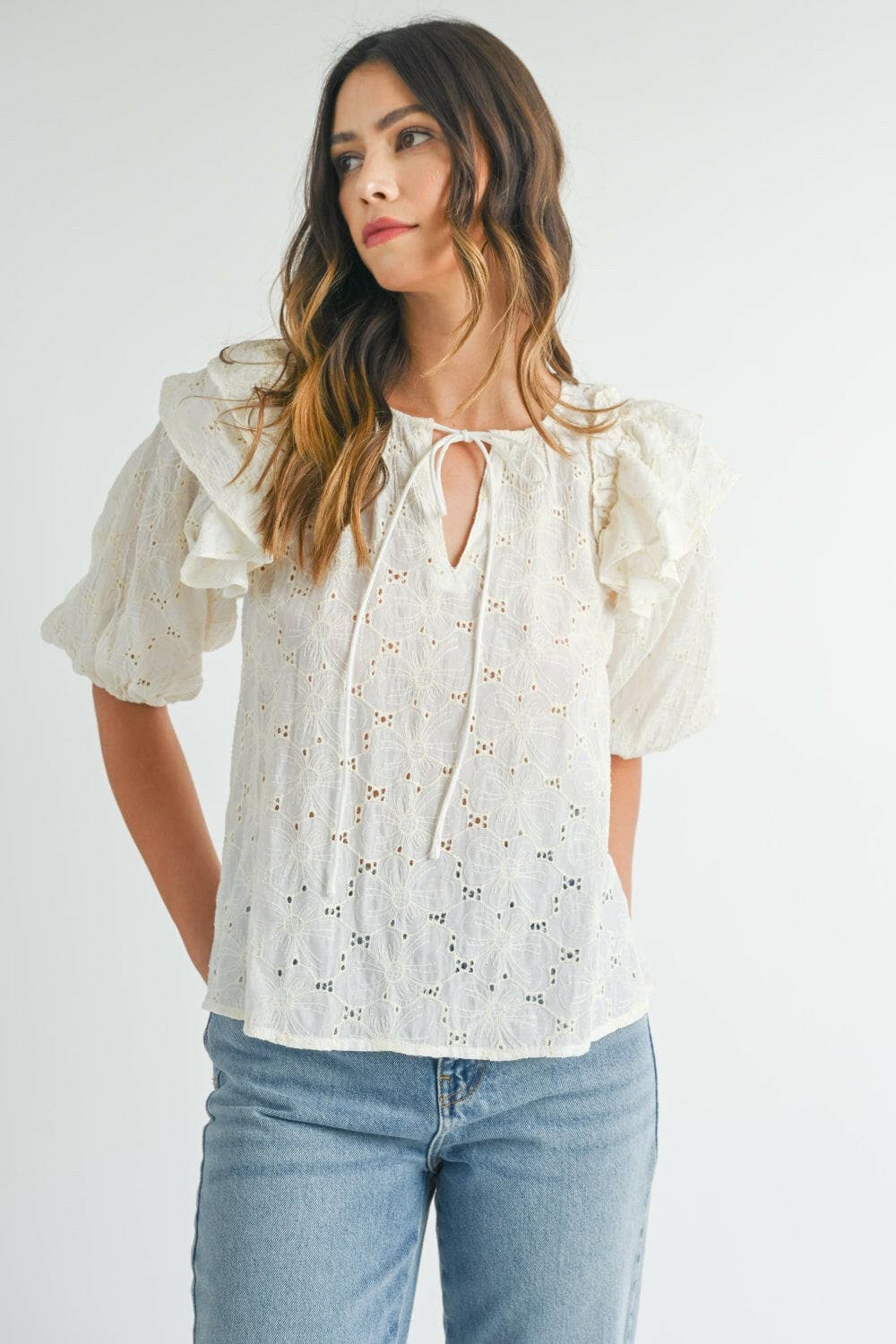 MABLE Eyelet Lace Ruffle Shoulder Puff Sleeve Blouse.