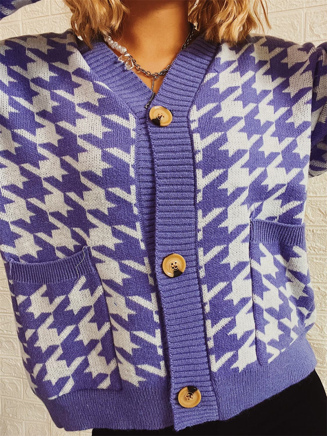 Houndstooth Botton Front  Cardigan with Pockets.