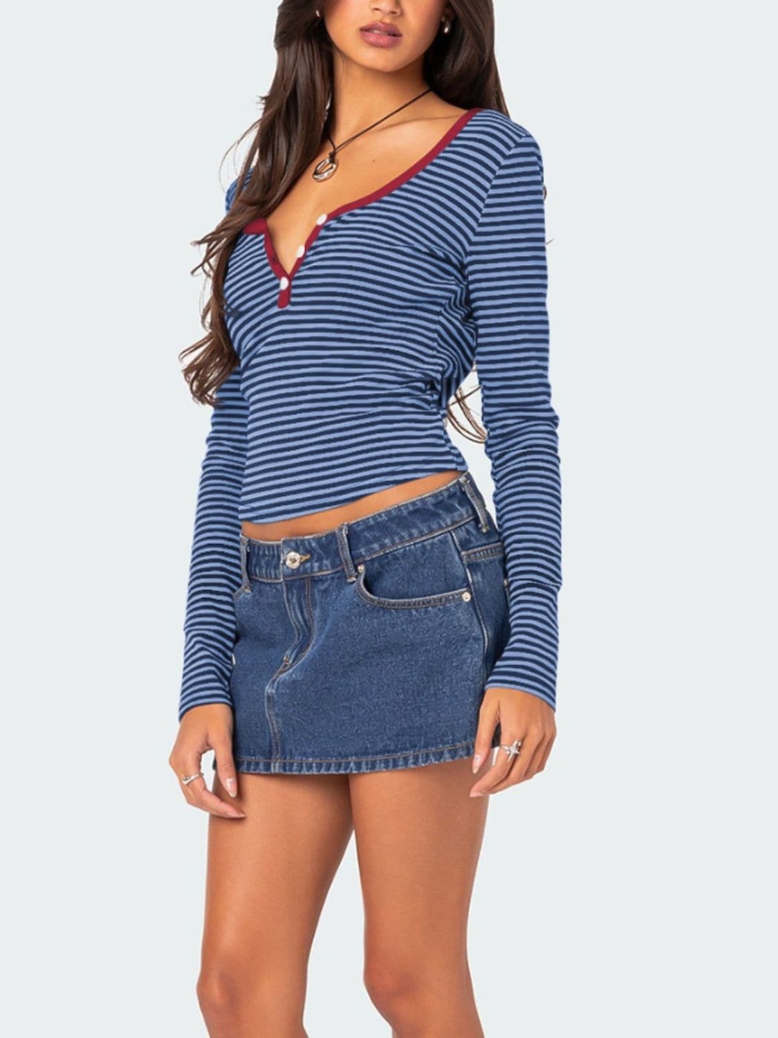 Button-up striped long sleeve tee