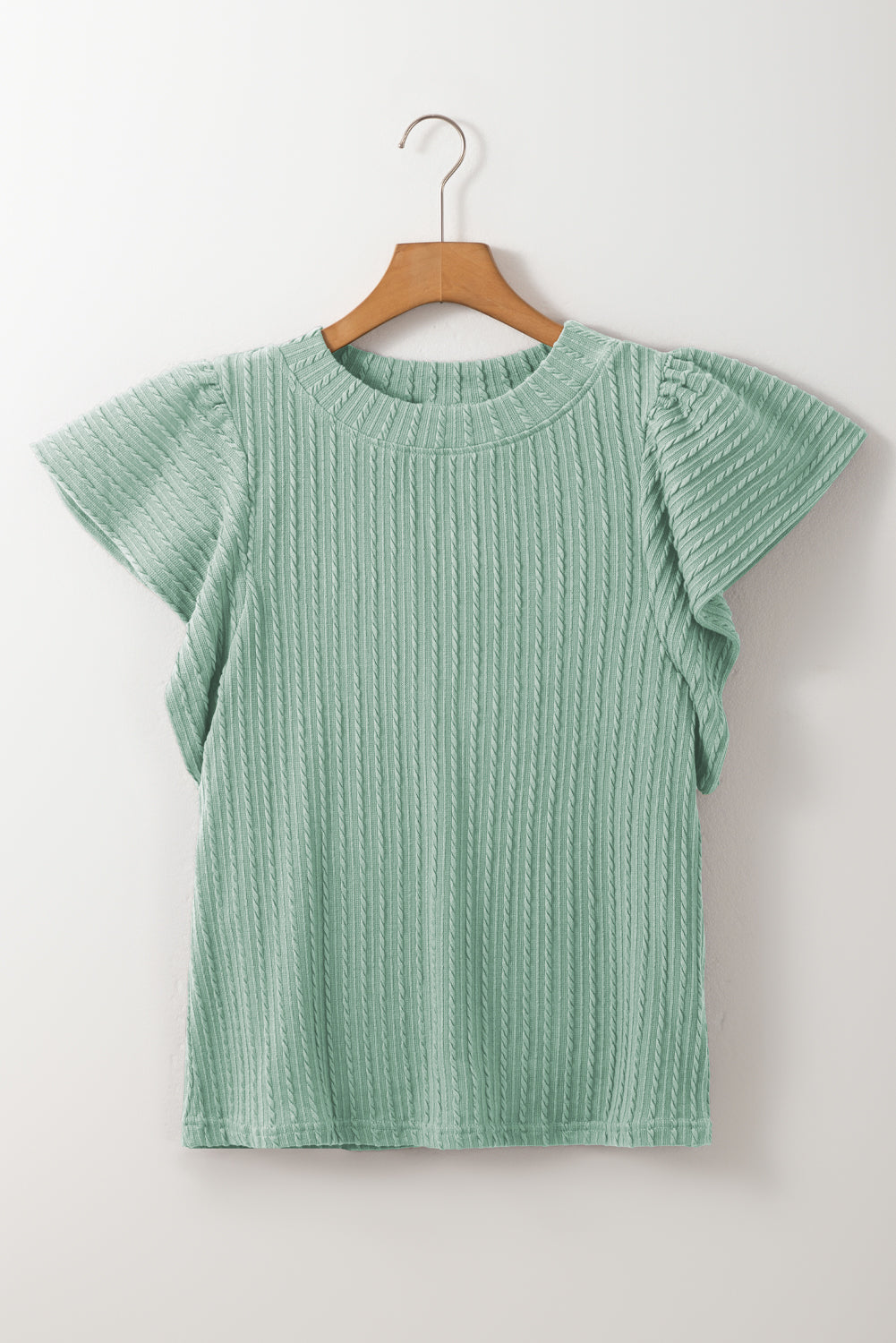Moonlight Jade Solid Color Textured Flutter Sleeve Top for Women
