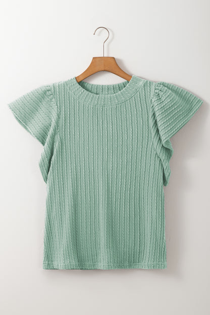 Moonlight Jade Solid Color Textured Flutter Sleeve Top for Women