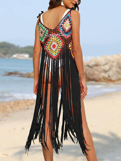 Fringed Sheer Spaghetti Strap Beach Cover-Up.