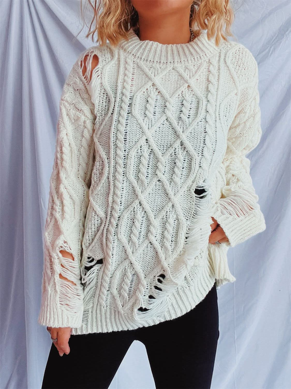 Chic distressed cable-knit long sleeve sweater