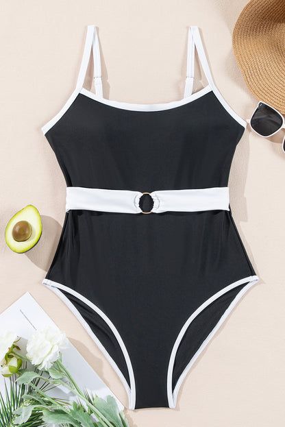 Two-Tone Black Belted One-Piece Swimsuit with Contrast Trim