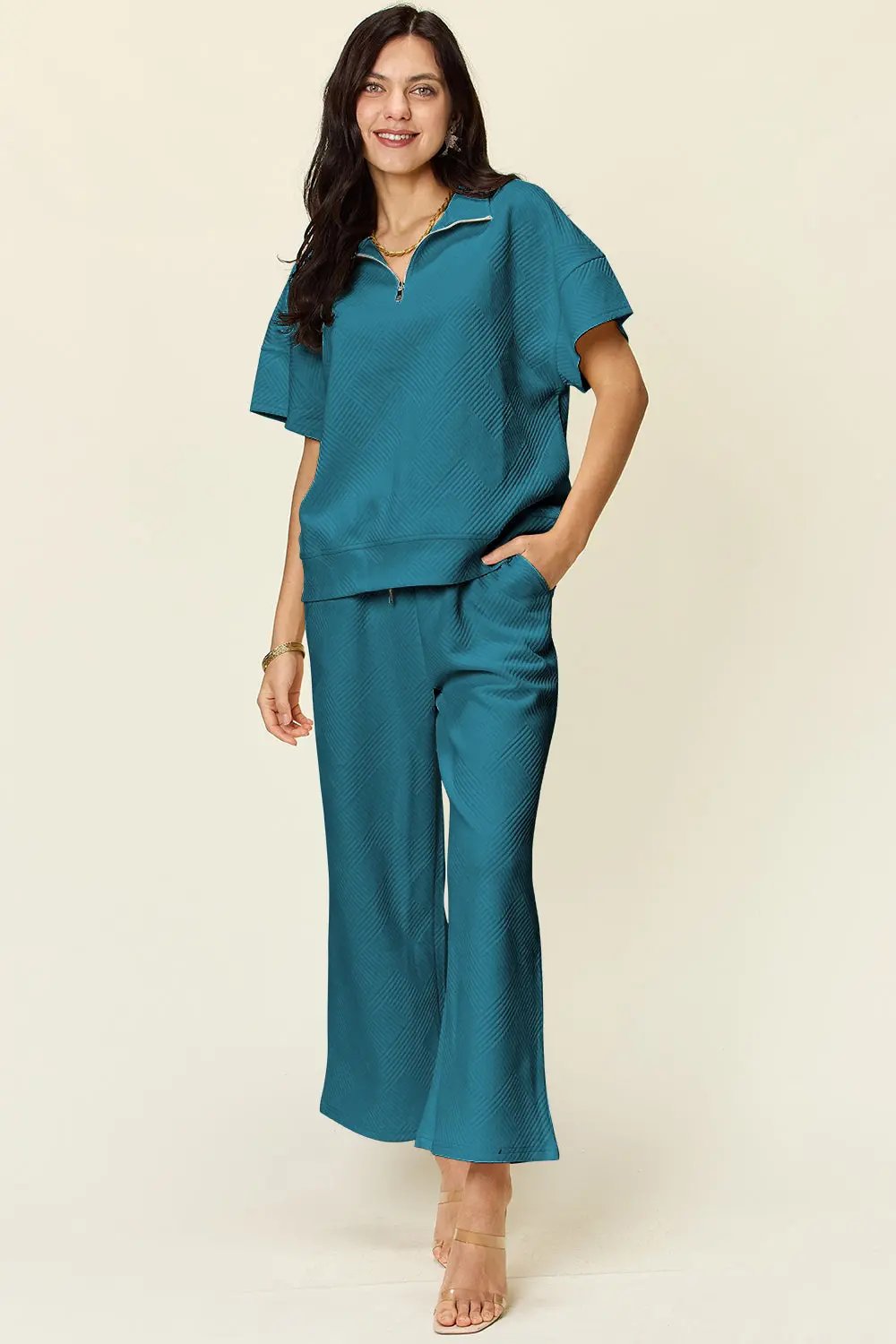 Double Take Full Size Texture Half Zip Short Sleeve Top and Pants Set - Love Salve