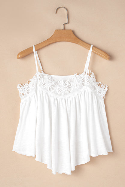 Elegant White Lace Spliced Ruffled Flared Tank Top with Spaghetti Straps