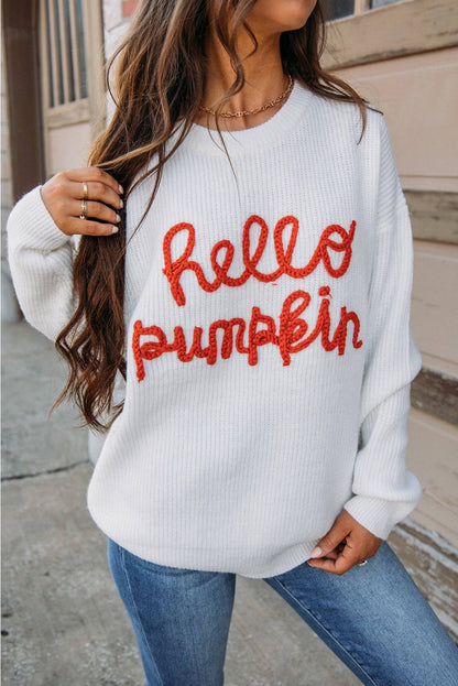 Cozy white pumpkin graphic sweater for autumn days