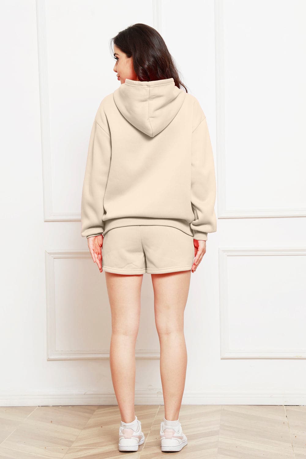 Drop Shoulder Long Sleeve Hoodie and Shorts Set.