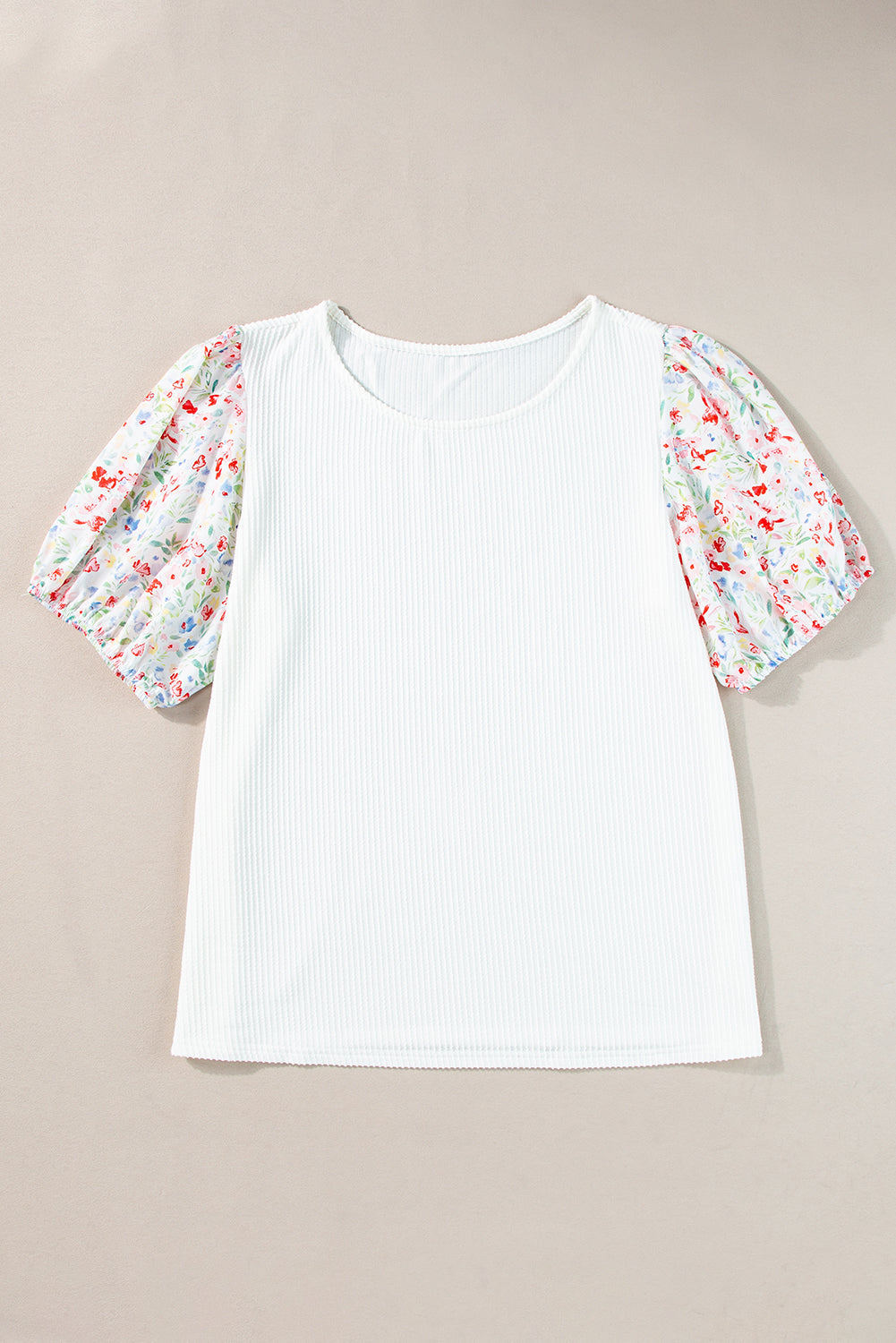 Kinslee Contrast Floral Puff Sleeve Ribbed Knit Plus Size Blouse for Women - Love Salve 
