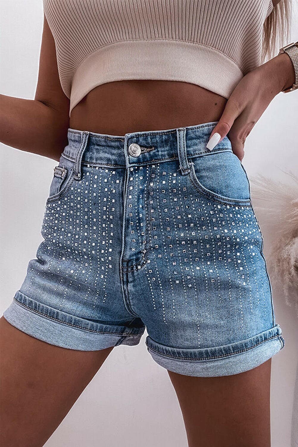 Rhinestone High Waist Denim Shorts.