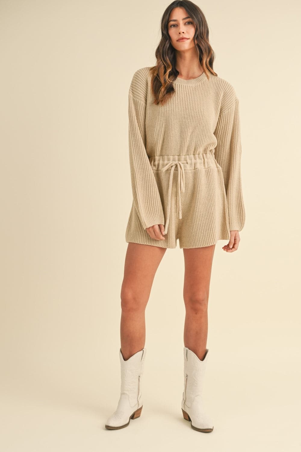 Cozy chic long sleeve sweater romper with drawstring waist