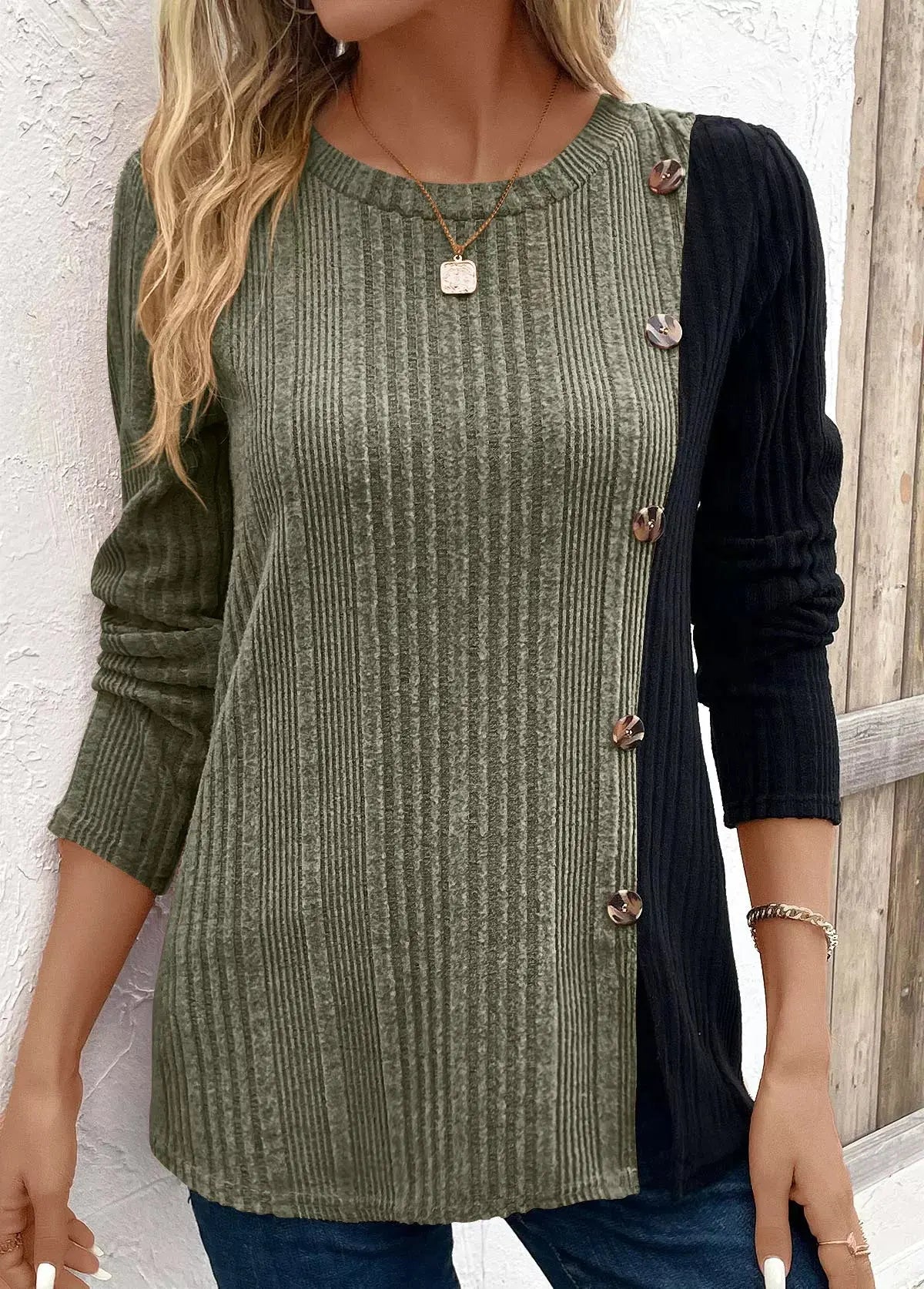 Color Block Ribbed Knit Top With Decorative Buttons Slit Detail Simply Love
