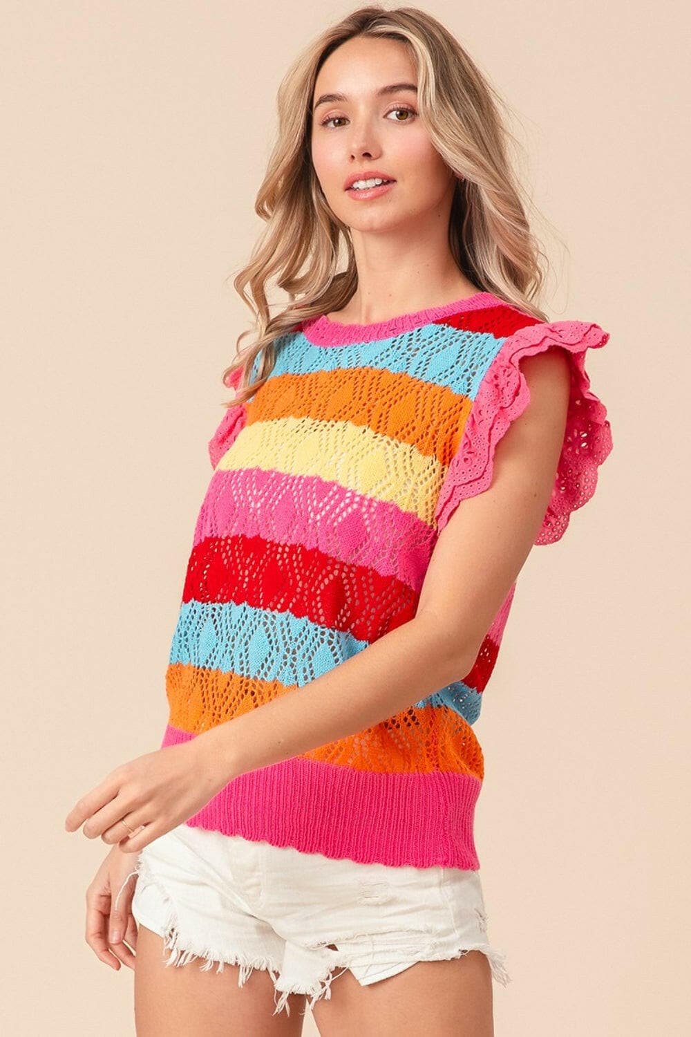 BiBi Pointelle Striped Ruffled Knit Top.