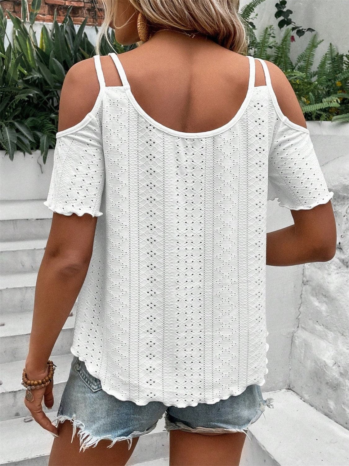 Eyelet Cold Shoulder Short Sleeve Blouse.