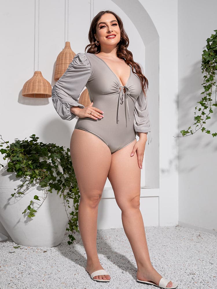 Plus Size Tied Deep V Balloon Sleeve One-Piece Swimsuit.