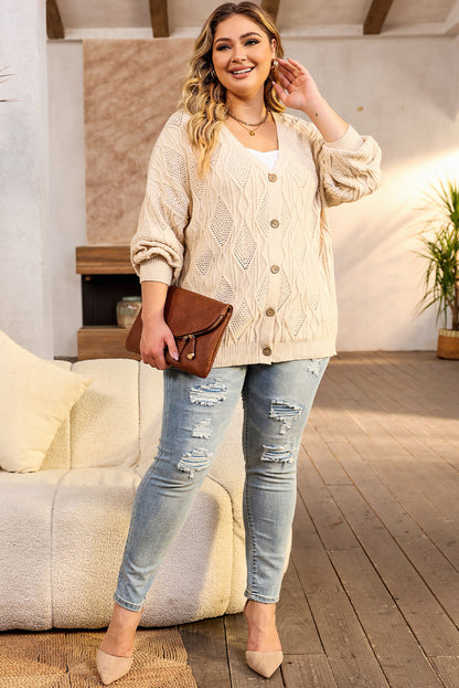 Chic apricot plus size knitted cardigan with hollow-out details