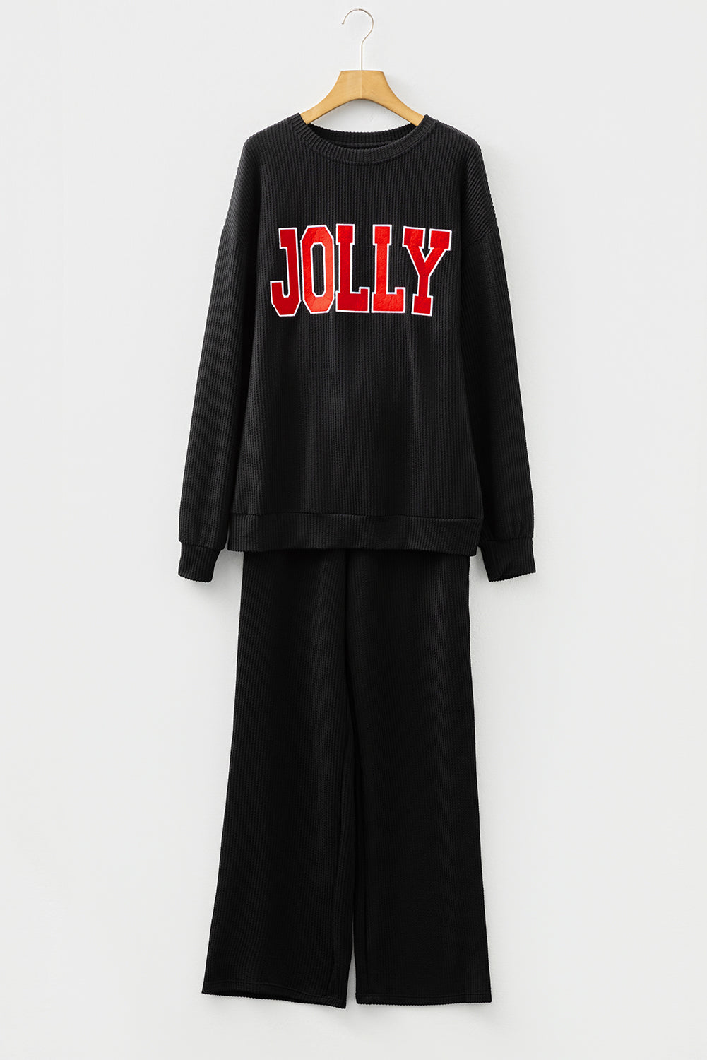 Black Jolly Corded Long Sleeve Top And Pockets Pants Set
