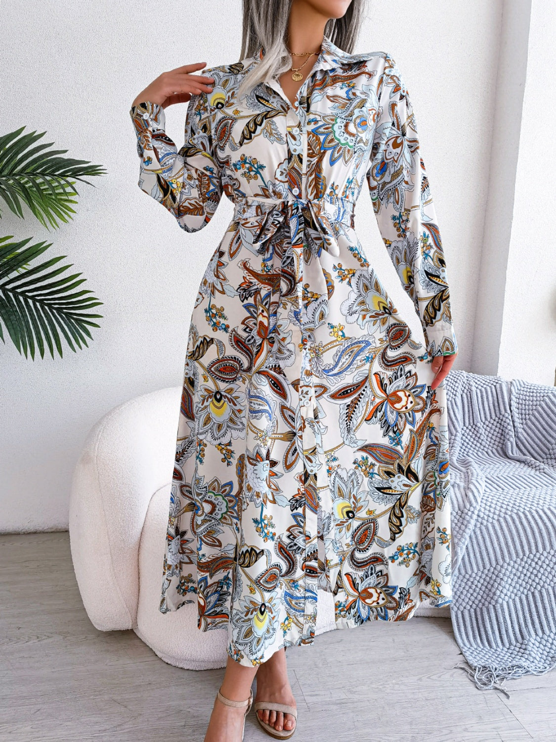 Tied Printed Long Sleeve Midi Dress.