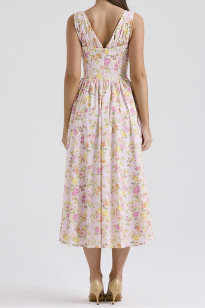 Garden Muse V-Neck Midi Dress with Pockets