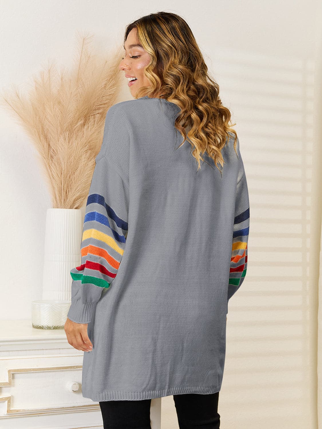 Striped Open Front Dropped Shoulder Cardigan.