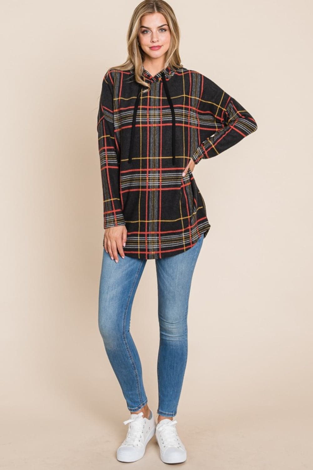 Cozy plaid drawstring hoodie for stylish comfort