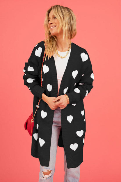 Heart Graphic Open Front Cardigan with Pockets.