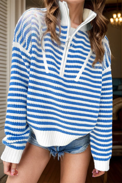 Striped Half Zip Long Sleeve Sweater.