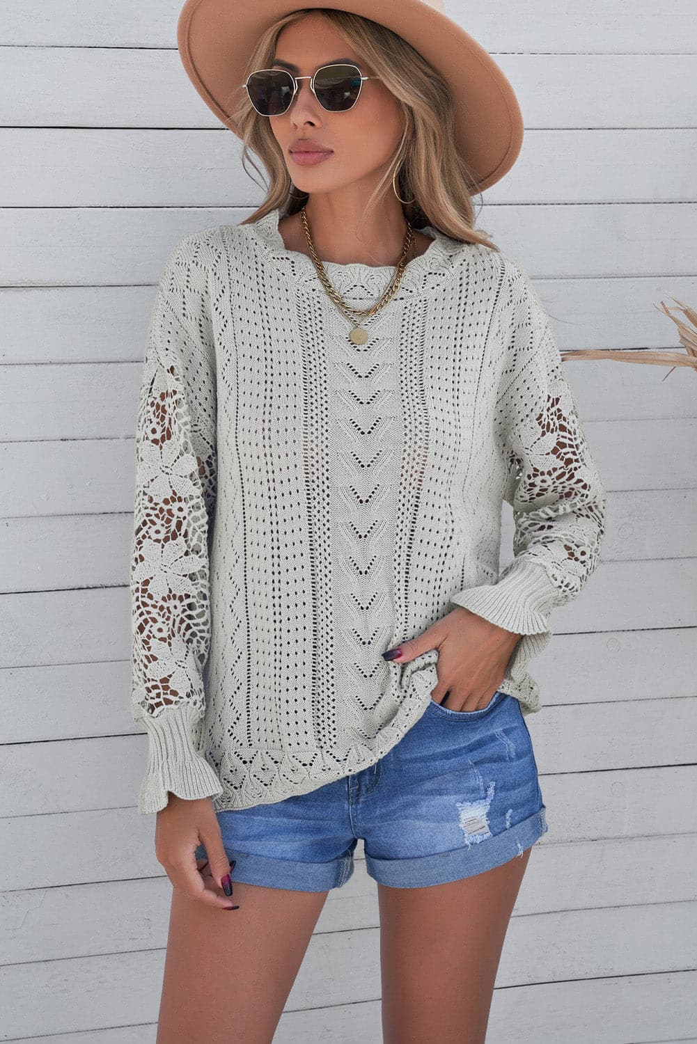 Openwork Lantern Sleeve Dropped Shoulder Sweater.