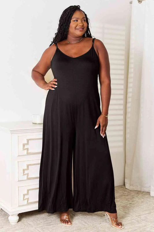 Double Take Full Size Soft Rayon Spaghetti Strap Tied Wide Leg Jumpsuit - Love Salve