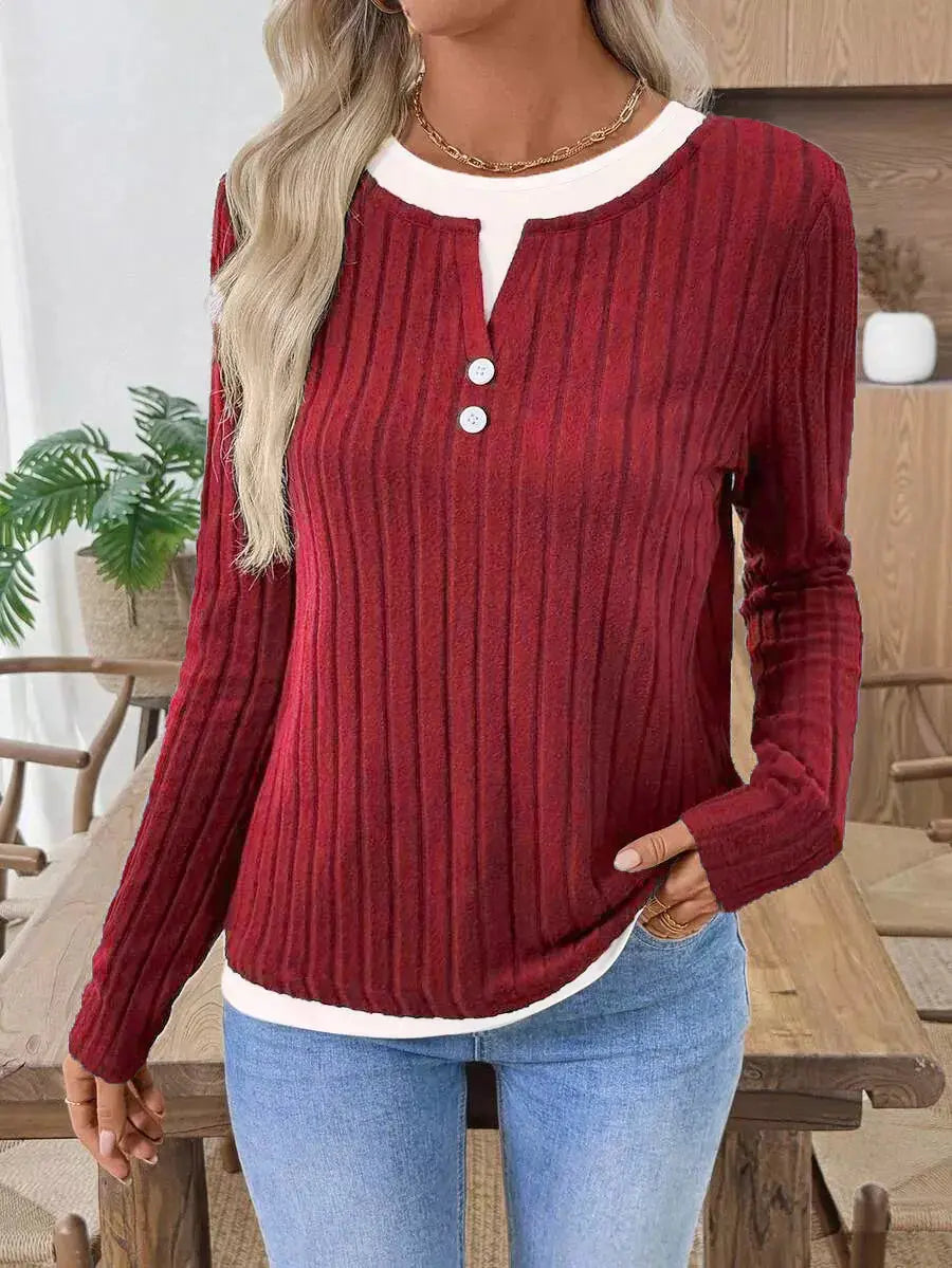 Ribbed Knit Long Sleeve Fake Two Piece T Shirt With Decorative Buttons Simply Love
