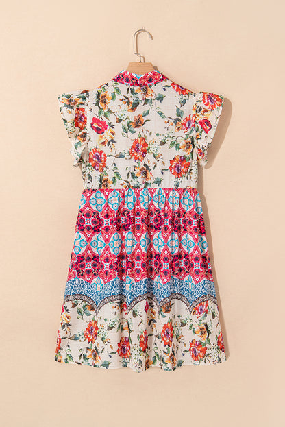 Rose Floral Mixed Pattern Ruffle Flutter Sleeve Dress